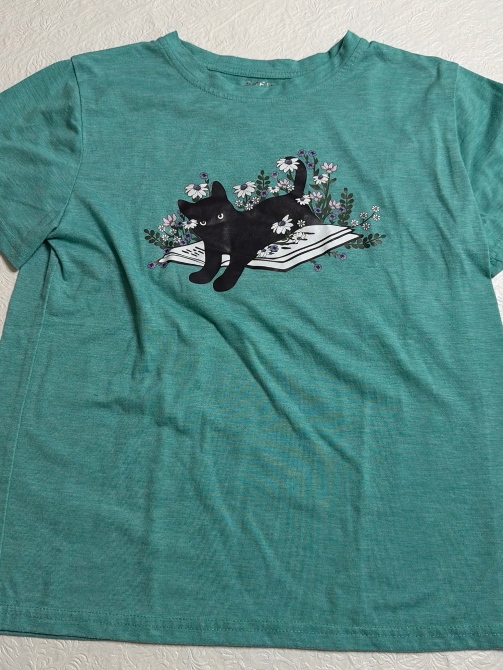 SHEIN Teal Tee with Black Cat & Floral Book Graphic